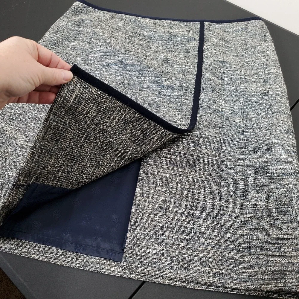TORY BURCH Faux‎ Wrap Skirt SZ 14 Jacquard Tan Blue Metallic Thread Zip Office